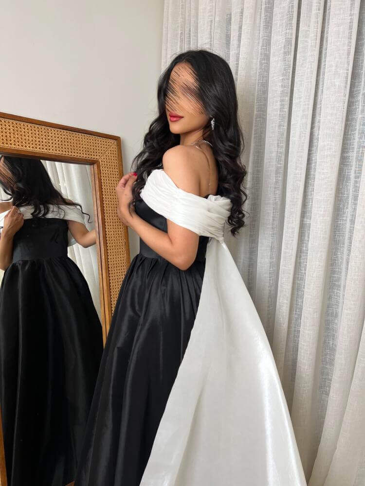 فستان سهرة اسود وابيض راقي انيق