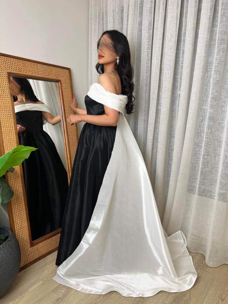 فستان سهرة اسود وابيض راقي انيق