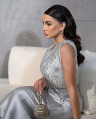 فستان فضي أنيق بتطريز فاخر ولمسة ملكية