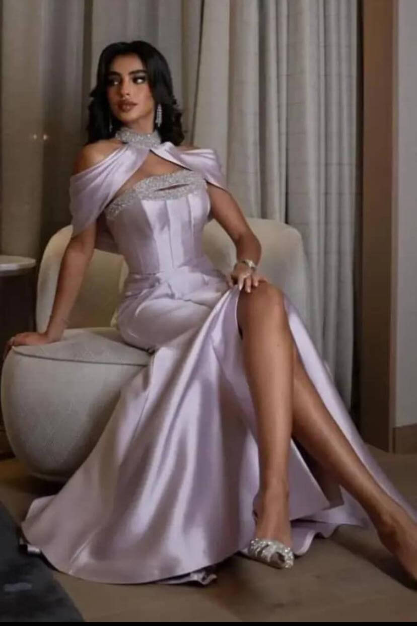 فستان سهرة مزين بالخرز لون موف