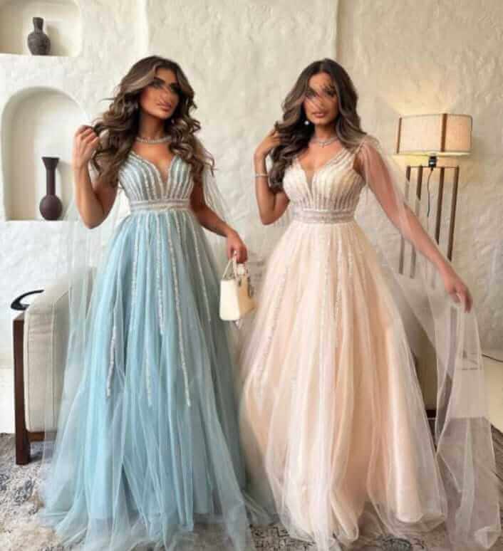 ⁨فستان سهرة راقي انيق لون بيج⁩